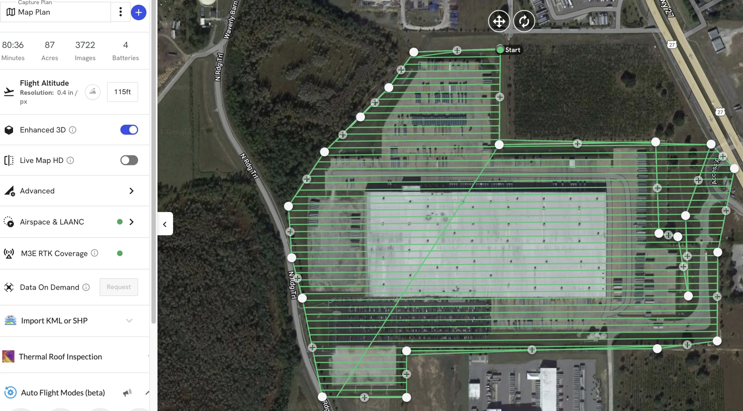 Drone flight plan for orthomosaic mapping, showing planned flight path for aerial image capture