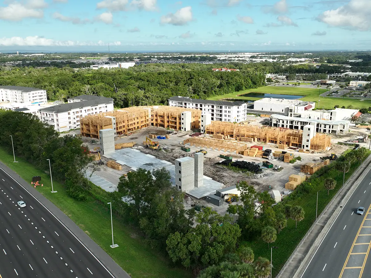 Local Expertise Aerial view of an Orlando construction site with buildings under construction.