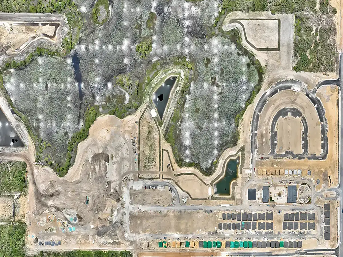 Commercial Mapping and Modeling Services High-resolution orthophoto showing site layout for construction mapping in Orlando.